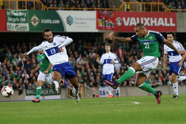 Josh Magennis (right) during Northern Ireland's 4-0 victory over San Marino. Pic by PressEye Ltd.