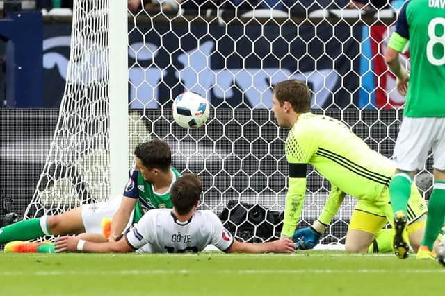 Germany's Mario Gotze
 scores the goal against Northern Ireland in the 1-0 win during the Group C match at the Euroepean Championships in France during the summer