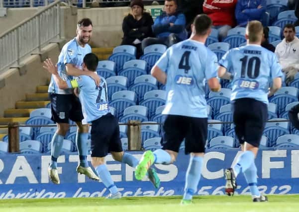 Ballymena's Johnny McMurray celebrates after scoring against Linfield