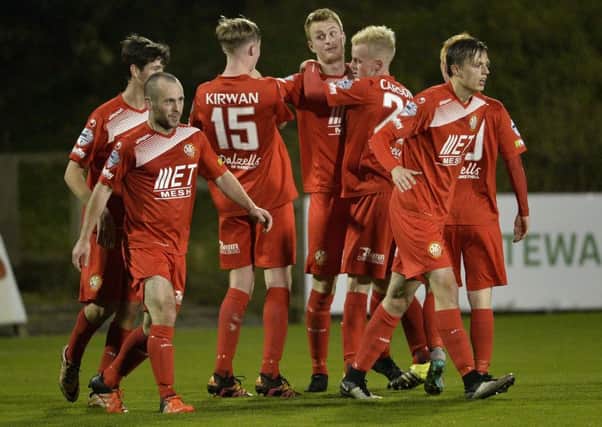 Aaron Haire celebrates his second goal for Portadown - but Crusaders battled back for a 4-3 success in the League Cup. Pic by PressEye Ltd.