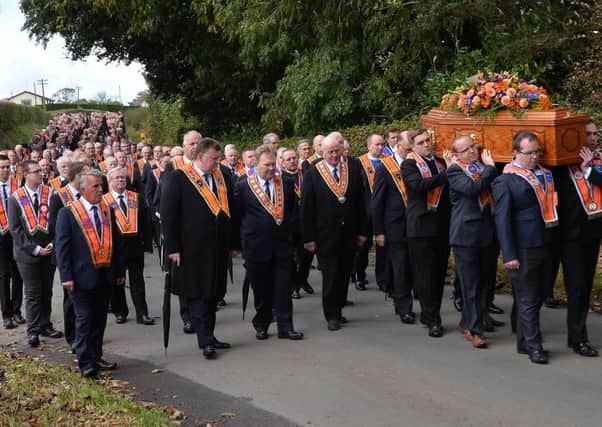 Pacemaker Press 13/10/2016
The Funeral of Orange Order Grand Secretary Drew Nelson, takes place in St John's Church, Upper Kilwarlin, off the Ballygowan Road, Hillsborough, Co Down, on Thursday.  Hundreds of  Orange  men took part in procession on Ballyknock Road near his home.
Pic Colm Lenaghan/Pacemaker