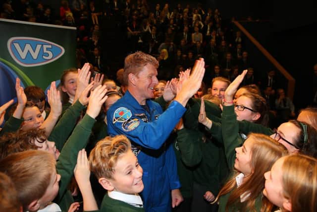PACEMAKER BELFAST  18/10/2016
British astronaut Tim Peake has visited Belfast to launch a new Â£6m space thruster project.
He spoke at W5 about the importance of Space exploration with Belfast school children and local politicians.
Thales are creating a space propulsion manufacturing facility and have said that it reflects their commitment to growing the industry in Northern Ireland.
The company also said that it hoped the move would lead to the creation of more jobs locally.
Mr Peake spent six months on the International Space Station after launching into space on 15 December last year along with Mr Kopra.