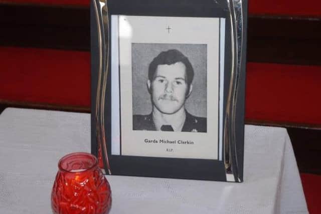 A picture of Garda Michael Clerkin, photographed at a memorial service for the 1976 bombing which claimed his life
