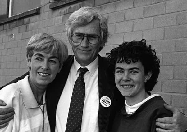 Gertrude Mallon, who passed away on Monday, with husband Seamus and daughter Orla after Mr Mallon retained his Westminster seat in 1987