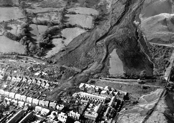 Aerial image of the aftermath of the landslide which engulfed Pantglas Junior School - killing 114 children and 28 adults in Aberfan