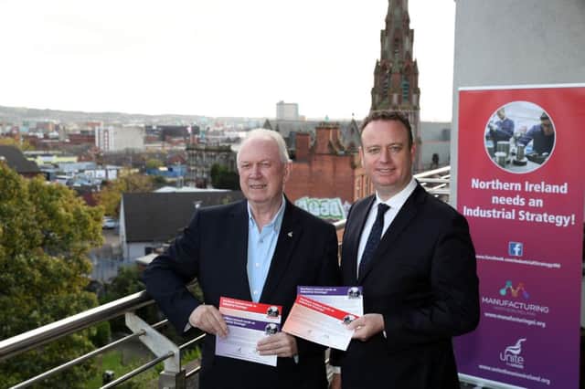 Unite regional secretary Jimmy Kelly and Manufacturing NI chief executive Stephen Kelly at the launch