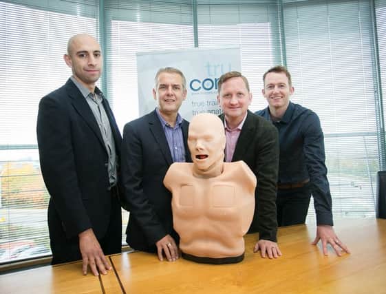 Pictured at the announcement of the deal are, from left, are Michael Calo of TruCorp with new chairman Stephen McClelland, Mike Irvine from Cordovan Capital Partners and Ryan Colhoun, TruCorp