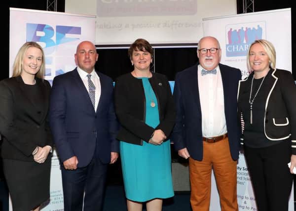 Pictured at Charter NI (l-r) Councillor Sharon Skillen; David Stitt, CEO Charter NI; First Minister Arlene Foster; Drew Haire, Chairperson Charter NI; Caroline Birch, Project Manager. William Cherry/Press Eye