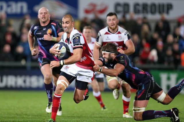 Ulster Ruan Pienaar   and Exeter Chiefs Geoff Parling   during the European Rugby Champions Cup  match at  Kingspan Stadium