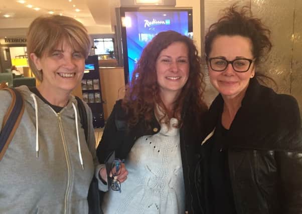 (Left to right) Bombardier worker Brenda Mellon, Catherine Doherty from Londonderry, and Hollywood actress Geraldine Hughes who were seated together on flight UA76 which had to make an emergency landing at Shannon Airport