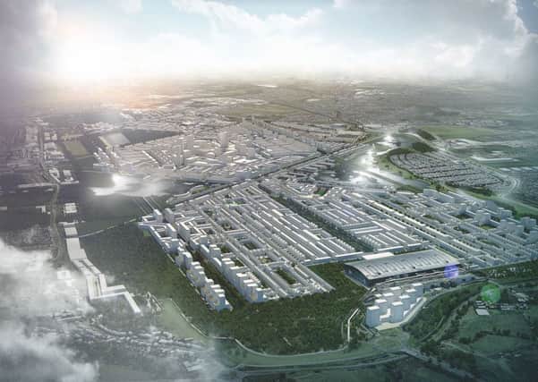 An artists impression of a design by Rick Mather Architects of Heathrow City, a 190,000-home town that would spring up if the west London airport closed and was replaced with an airport in the Thames Estuary. Photo: GLA/PA Wire