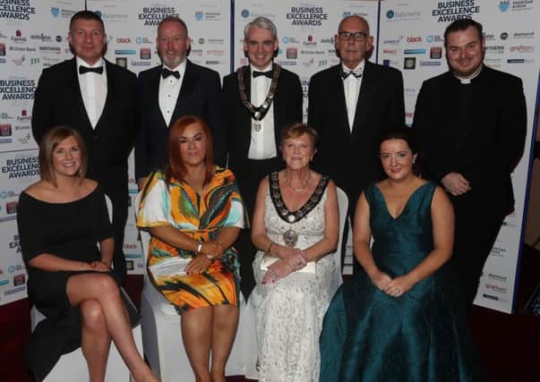 Cllr Audrey Wales MBE (Mayor of Mid & East Antrim) and Ronan McCann (President of the Ballymena Borough Chamber of Commerce & Industry) with their partners and special guests at the Ballymena Business Excellence Awards 2016 in the Tullyglass Hotel. Back row, L-R, Raymond Glass, William Caulfield (Master of Ceremonies), Ronan McCann, Chris Wales, Rev Andrew Campbell (Mayor's Chaplain). Front, L-R, Naimh McCann, Anne Donaghy (Mid & East Antrim Chief Executive), Cllr Audrey Wales MBE, Allison Campbell. (Picture McIlwaine Media).