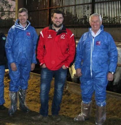 Glen Robinson (centre) who hosted the Armagh Beef Finisher Business Development Group with Stephen Donnelly (left) and Billy Armstrong (right).