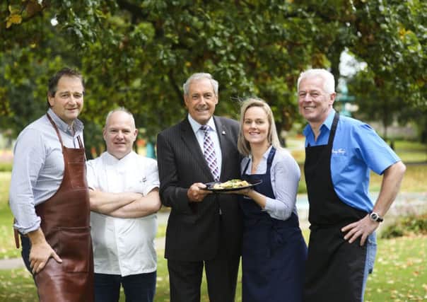 Chef Derek Patterson from The Plough Group, Moira, Hillsborough and Annahilt; Chef Stephen Jeffers, Forestside Cookery School, Castlereagh; Kellie McIlroy, The Speckled Hen, Hillsborough and Joe Webb, Pretty Marys, Moira team up with Councillor Uel Mackin, Chairman of the Development Committee, Lisburn & Castlereagh City Council, to launch Lisburn & Castlereaghs Treat Week, which will take place 29th October to 5th November 2016 in venues across Lisburn & Castlereagh City Council.
