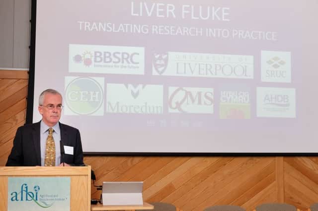 John Henning, Vice-Chair, AgriSearch, chairing the AgriSearch Seminar, Liver Fluke - Translating Research into Practice at AFBI, Hillsbourough. Photograph: Columba O'Hare
