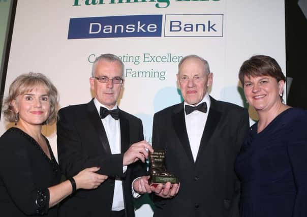 Last year's Lifetime achievement recipient Hugh Barr with Liz Edmondson, Johnston Press, John Henning, Danske Bank, and First Minister Arlene Foster