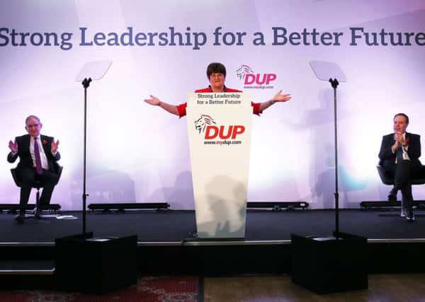 First Minister and DUP leader Arlene Foster delivers her keynote speech to delegates at the DUP annual conference at the La Mon Hotel. Picture: Niall Carson/PA Wire