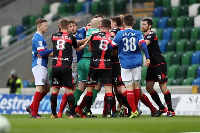 Press Eye - Belfast -  Northern Ireland - 29th October 2016 - Photo by William Cherry  Linfield and Crusaders players clash during Saturday's Danske Bank Premiership game at Windsor Park. Photo William Cherry/Presseye