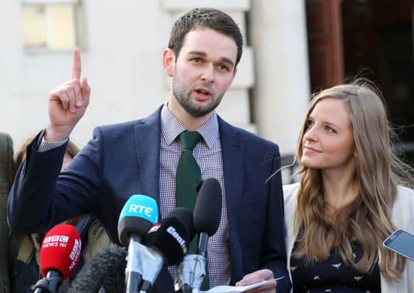 Daniel McArthur, who was dignified, with wife Amy outside court after Ashers lost legal appeal in gay cake case. 
Photo Stephen David/Pacemaker Press