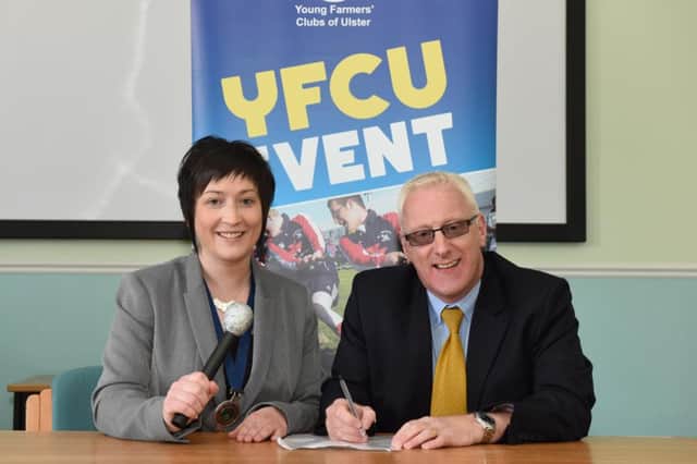 YFCU President, Roberta Simmons is pictured with David Cairns from NFU Mutual, sponsors of the Public Speaking Competition.
