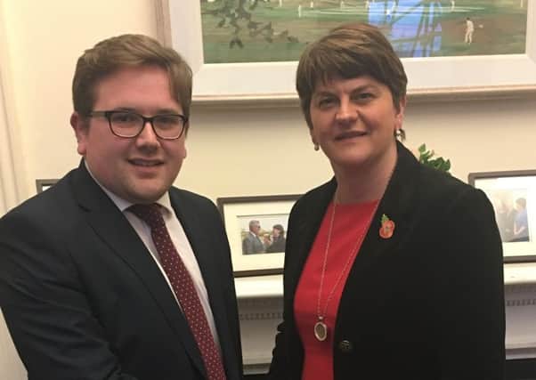 Aaron Callan being welcomed to the DUP by Arlene Foster last week