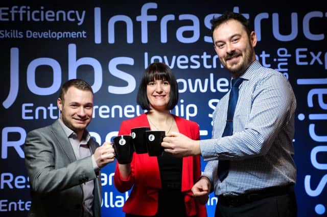 Innovation Factory centre manager Rob Greenberg and director Majella Barkley welcome the first tenant Andrew Hanley of Frog Digital Media