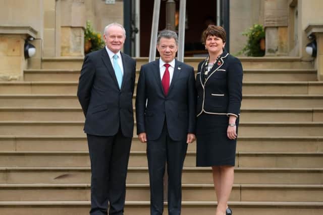 First Minister, Arlene Foster and the deputy First Minister, Martin McGuinness pictured with Colombian President, Juan Manuel Santos at Stormont Castle.

Photo: Kelvin Boyes / Press Eye.