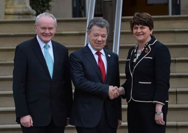 Colombian President Juan Manuel Santos at Stormont Castle with Martin McGuinness and Arlene Foster