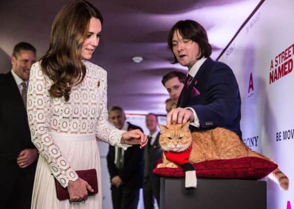 The Duchess of Cambridge meets Bob the cat and his owner James Bowen at the world premiere of A Street Cat Named Bob, at Curzon cinema in Mayfair, London. Pic Richard Pohle/The Times/PA Wire