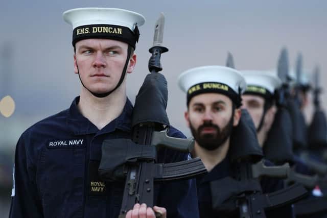 Crew members aboard HMS Duncan, as four Nato warships have docked in Belfast after monitoring a Russian aircraft carrier through the North Sea and on to the Mediterranean.  Picture date: Friday November 4, 2016. Photo credit: Brian Lawless/PA Wire