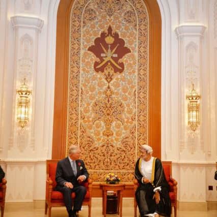 The Prince of Wales (left) sits with HH Sayyid Haitham bin Tariq bin Taimur Al Said, after arriving at Muscat International Airport in Oman, to begin an official tour on behalf of the British Government with his wife the Duchess of Cornwall. PRESS ASSOCIATION Photo. Picture date: Friday November 4, 2016. Charles and Camilla will undertake 50 engagements in seven days during their visits to the Sultanate of Oman, the United Arab Emirates and the Kingdom of Bahrain. Photo credit: John Stillwell/PA Wire