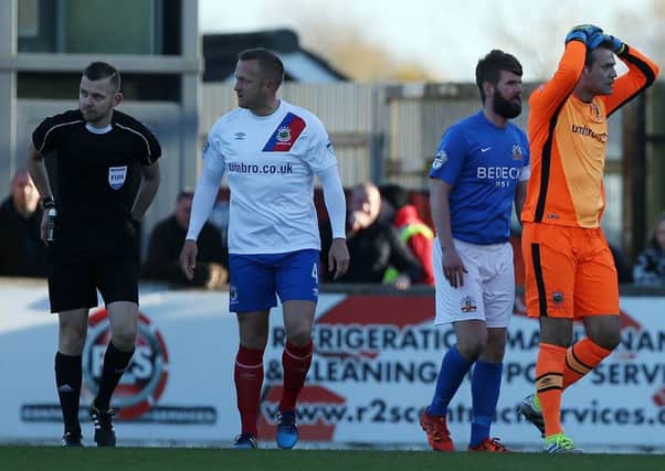 Linfield goalkeeper Roy Carroll reacts to a red card from referee Tim Marshall on Saturday against Glenavon. Pic by PressEye Ltd.