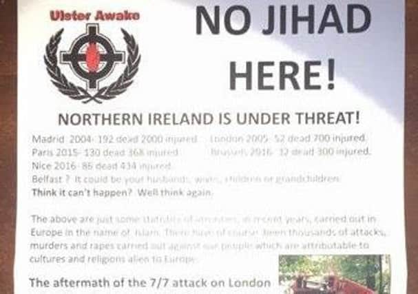An example of the far-right leaflets left on car windshields in Lisburn