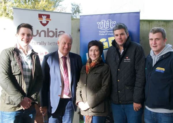 Robert McConaghy, Chair of the YFCU Agriculture & Rural Affairs Committee; Jack Dobson, Dunbia; Roberta Simmons, YFCU President, William Allister, Procurement Manager for Dunbia and James Purcell, member of the YFCU Agriculture & Rural Affairs Committee.