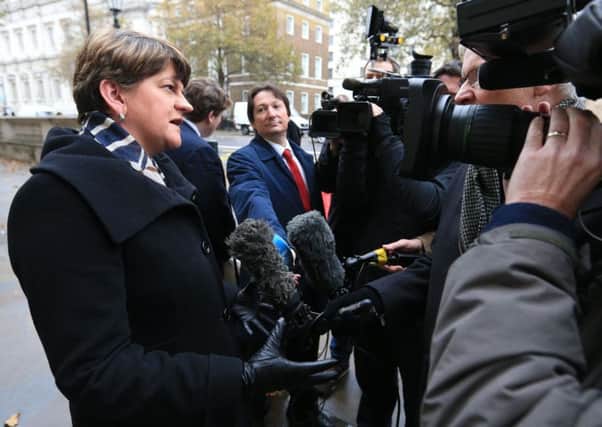 First Minister Arlene Foster talks to the media after taking part in a joint ministerial committee meeting with devolved nations, hosted by Brexit Secretary David Davis