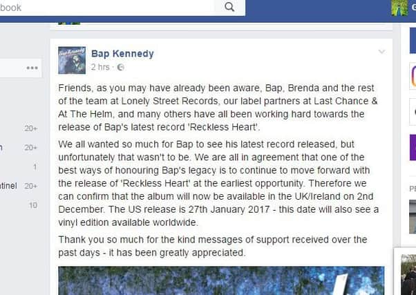 Screenshot of Bap Kennedy Facebook page post