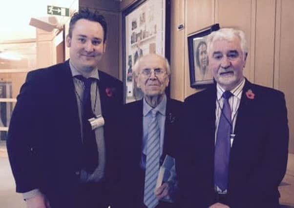 Kenny Donaldson, Director of Services of the South East Fermanagh Foundation, with Tory peer Norman Tebbit and SEFF Chairman, Eric Brown, during a briefing at Westminster.