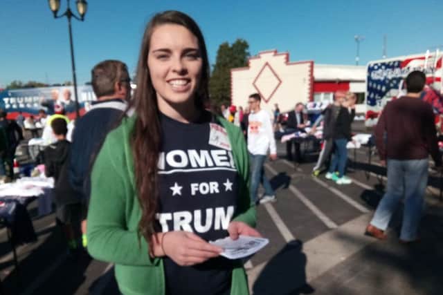 Shanley Howrigan, a student, 21, outside the Donald Trump rally at the JS Dorton Arena in Raleigh. By Ben Lowry