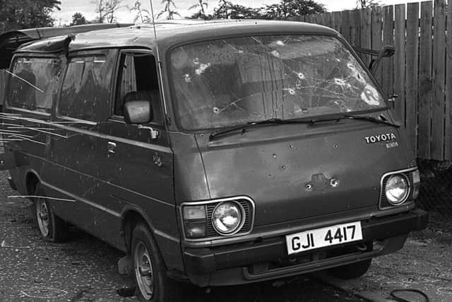 PACEMAKER BELFAST   THE BULLET RIDDLED VAN IN WHICH 8 IRA MEN WERE KILLED BY THE SAS AT LOUGHGALL RUC STATION IN 1987