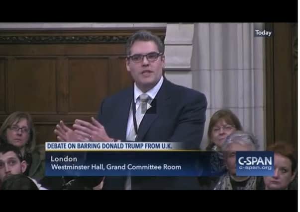 Gavin Robinson vividly denouncing Donald Trump in Parliament in January, but upholding his right to visit the UK, a speech which was reported globally