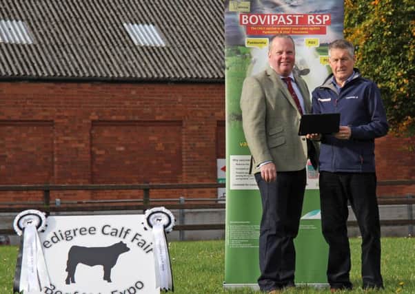 MSD Animal Health's Ian Graham demonstrates the company's online vaccination calendar to Charolais breeder David Connolly, chairman of the Pedigree Calf Fair @ Beef NI Expo. Farmers will have an opportunity to view the customised web tool at Balmoral on 19th November. Picture: Julie Hazelton