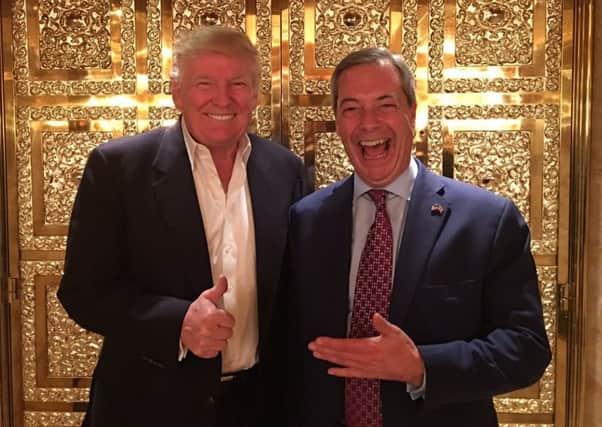 Handout photo of Donald Trump and Nigel Farage PRESS ASSOCIATION Photo. Issue date: Saturday November 12, 2016. See PA story POLITICS Presdient. Photo credit should read: Nigel Farage/ PA Wire NOTE TO EDITORS:This handout photo may only be used in for editorial reporting purposes for the contemporaneous illustration of events, things or the people in the image or facts mentioned in the caption. Reuse of the picture may require further permission from the copyright holder.