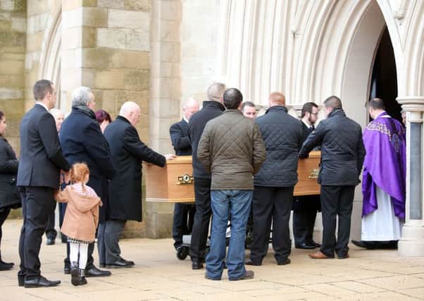 Funeral of James Hughes at St Peter's Cathedral in west Belfast.  The 62-year-old was murdered in Divis Tower last week. 

Picture by Jonathan Porter/Press Eye.