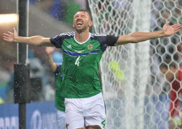 Gareth McAuley after scoring for Northern Ireland against Ukraine in Euro 2016