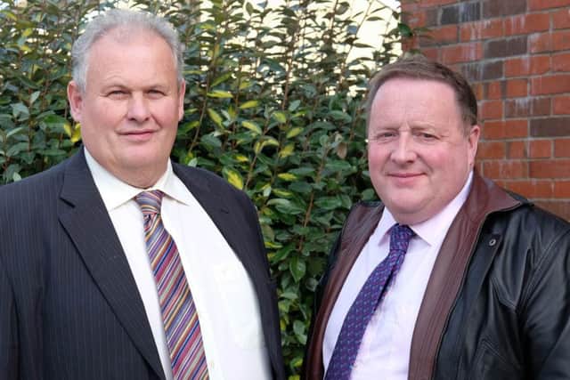 Harry Sinclair, left, NIFCC Director Representative for Ulster Farmers' Union welcoming the new UFU representative Thomas Douglas at the NIFCC AGM. Photograph: Columba O'Hare