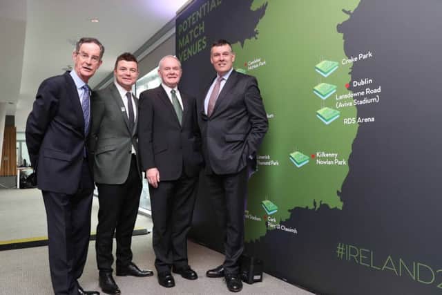 Dick Spring, Chairman of Ireland's RWC 2023 Bid Oversight Board, Brian O'Driscoll, Brand Ambassador, Martin McGuinness, Deputy First Minster and Philip Browne, CEO of the IRFU