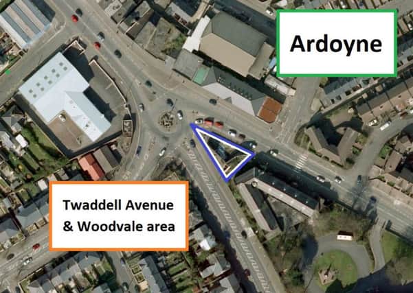 Image of the Twaddell roundabout, north Belfast. The blue marks a suggested spot for a peace memorial.
 (C) 2016 Infoterra Ltd & Bluesky. Map data (C) 2016 Google.