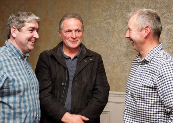 Conail Keown (left) Programme Adviser for Dairylink Ireland, and guest speaker at Fermanagh Grassland Club, in conversation with Robin Clements and Michael McCaughey, Trillick.