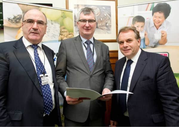 Tom Elliott with, Lakeland Dairies Chief Executive, Michael Hanley (L) and Neil Parish MP, Chair of the EFRA Select Committee (R)