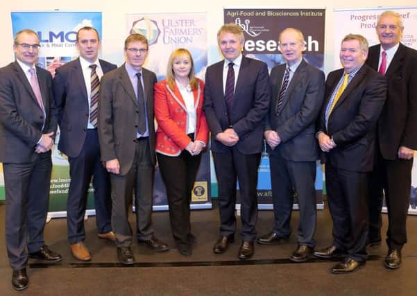 Pictured at the Progressive Beef Production Conference at CAFRE's Greenmount campus, Co Antrim are L-R Martin McKendry, CAFRE; Justin McCarthy, IFJ; Gerard McGivern, LMC; Minister Michelle McIlveen; Barclay Bell, President of UFU; Sinclair Mayne, AFBI; Colm McKenna, AFBI and James Campbell, IFJ.  Picture: Cliff Donaldson